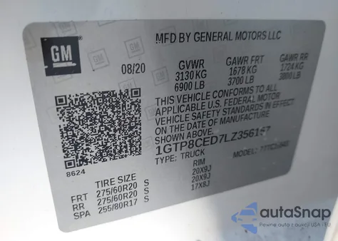 2020 GMC Sierra 1500 2Wd Short Box Elevation z USA, uszkodzony, nr VIN 1GTP8CED7LZ356157